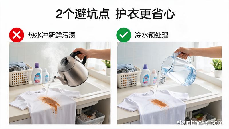 场景：洗衣区用对比图展示避坑点，左侧打叉标注&ldquo;热水冲新鲜污渍&rdquo;，右侧打勾标注&ldquo;冷水预处理&rdquo;；风格：清新明亮生活化；关键元素：带有文字标注&ldquo;2个避坑点 护衣更省心&rdquo;，清晰易懂