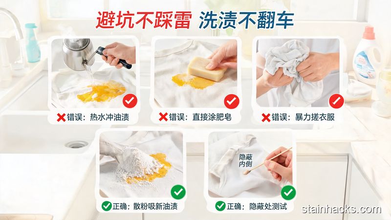 清新明亮洗衣区场景，用红叉清晰标注3个错误操作：热水冲油渍、直接涂肥皂、暴力搓衣服，用绿对勾标注散粉吸新油渍、衣物隐蔽处测试的正确做法，画面标注「避坑不踩雷 洗渍不翻车」，清晰易懂，口语化