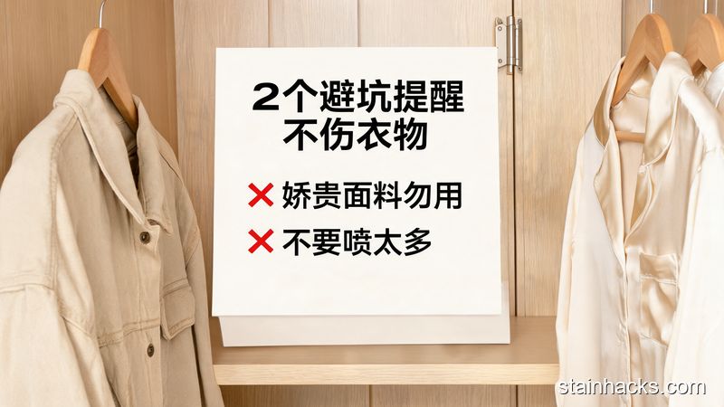 场景：卧室衣柜旁，主体：特写提示卡片，上面写着&ldquo;娇贵面料勿用、不要喷太多&rdquo;，旁边摆放着棉质外套、真丝衬衫等不同面料衣物，风格：清新明亮、生活化，关键元素：配文字标注&ldquo;2个避坑提醒 不伤衣物&rdquo;