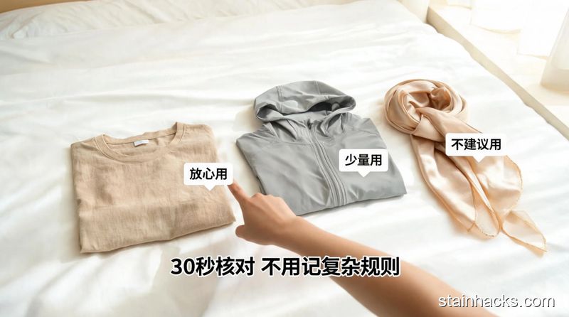 清新明亮生活化场景，卧室床上平铺着棉麻T恤、化纤外套、真丝围巾三类常见衣物，每件衣物旁贴对应小标签分别写着「放心用」「少量用」「不建议用」，手指快速指认标签，图片配文字「30秒核对 不用记复杂规则」，风格简洁明了