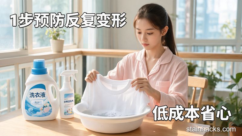 清新明亮生活化场景,家居桌面放着常用洗衣液、衣领清洗剂,女生给纯棉衣服领口做浸泡护理,画面标注「1步预防反复变形」「低成本省心」文字