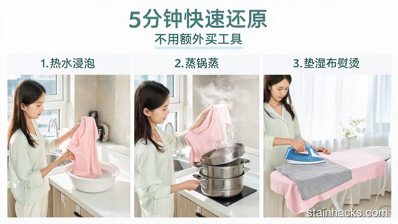 清新明亮生活化场景,家庭洗衣台边,女生分别演示用热水浸泡、蒸锅蒸、垫湿布用熨斗烫三种方法修复纯棉T恤变形领口,画面标注「5分钟快速还原」「不用额外买工具」文字,简单易操作