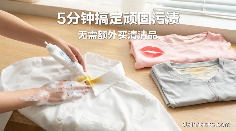 居家原木小桌面，手挤牙膏+洗洁精涂抹在发黄的白色衬衫衣领上，旁边放着沾了口红印的上衣、有汗味的运动T恤，风格清新明亮、生活化，标注&ldquo;5分钟搞定顽固污渍&rdquo;&ldquo;无需额外买清洁品&rdquo;文字，突出零门槛