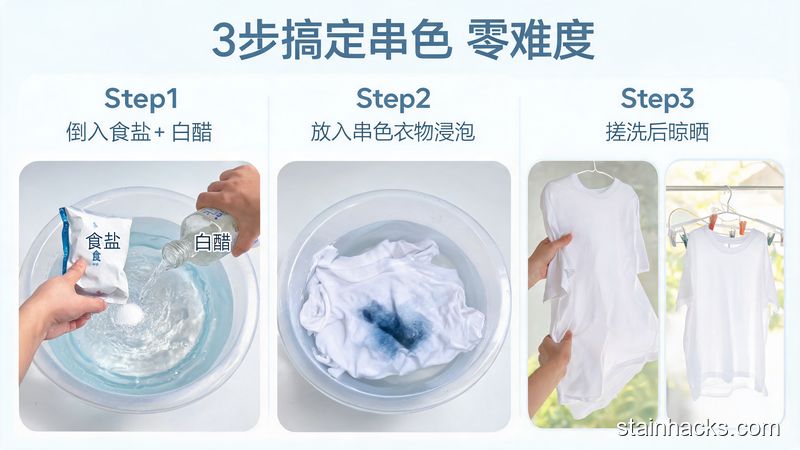 三步操作演示图，依次是往清水盆倒食盐白醋、放入串色衣物浸泡、搓洗后晾晒三个动作，配文字标注'3步搞定串色 零难度'，画面清晰直白，清新明亮风格