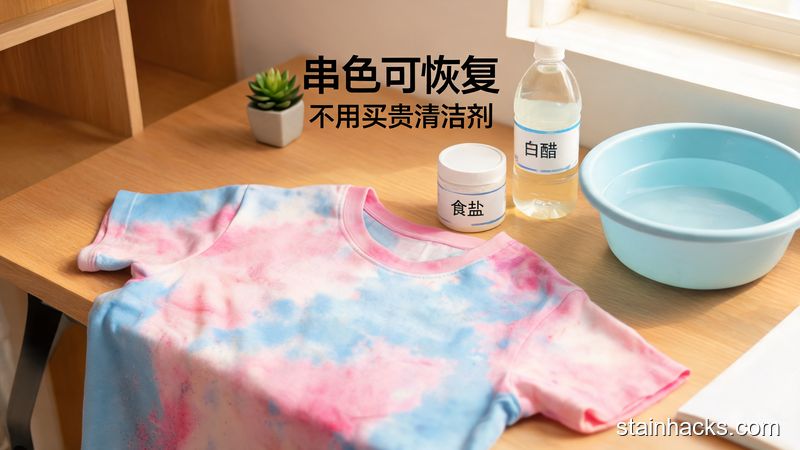清新明亮居家场景，桌面摆放着轻微串色的彩色T恤、食盐、白醋、塑料清水盆，旁边配文字标注'串色可恢复 不用买贵清洁剂'，风格温馨生活化，突出简单低成本