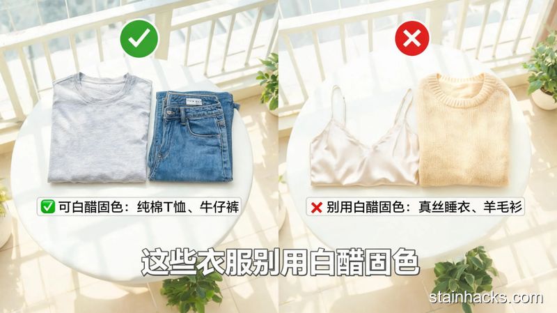 清新明亮生活化场景，左侧打勾图标旁放纯棉T恤、牛仔裤子，右侧打叉图标旁放真丝睡衣、羊毛衫，配文字标注「这些衣服别用白醋固色」，清晰易懂无复杂内容