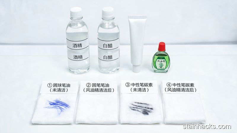 酒精、白醋、牙膏和风油精瓶子排列，旁边是去除笔渍前后的布料样本对比