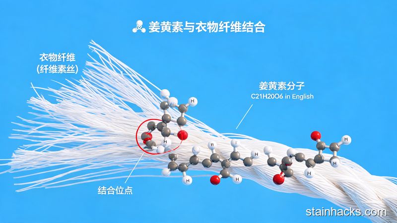 微观显示姜黄素分子与衣物纤维紧密结合,难以水洗