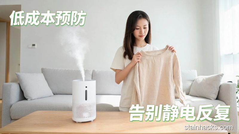 居家客厅场景,桌面上放着开启的加湿器,女生手里拿着棉麻材质的衣服,风格清新明亮生活化,画面带有“低成本预防”“告别静电反复”的文字标注,突出日常操作简单