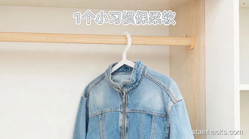 衣柜挂衣区场景,平整的牛仔外套挂在普通衣撑上,旁边没有堆叠的杂物,清新明亮生活化风格,画面加文字标注“1个小习惯保柔软”,突出好操作无需额外花费