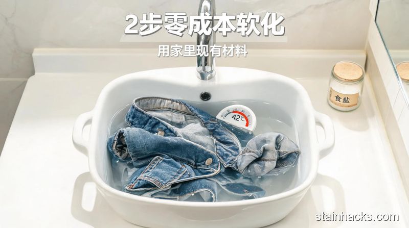 卫生间洗衣盆场景,手把完全翻面的牛仔外套放进加了白醋的温水中,旁边放着食盐小罐子,水温计显示42度(低于45度),清新明亮生活化风格,画面加文字标注“2步零成本软化”“用家里现有材料”,突出操作简单