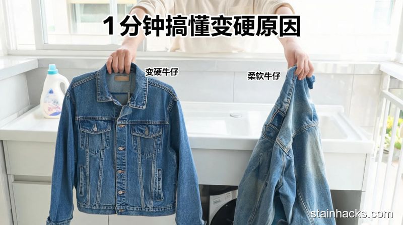 居家洗衣台场景,左手拿硬邦邦板正的牛仔外套,右手拿柔软垂坠的牛仔外套做对比,清新明亮生活化风格,画面加文字标注“1分钟搞懂变硬原因”,元素简单无复杂道具,突出轻松易理解