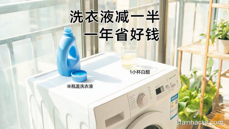 清新明亮生活化场景,洗衣机旁放着半瓶盖洗衣液和1小杯白醋,旁边标注\