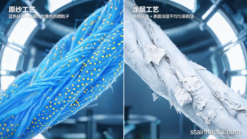 原纱防晒面料与涂层防晒面料工艺对比示意图，左边显示纤维内部融入防晒粉体，右边显示仅在表面附着涂层