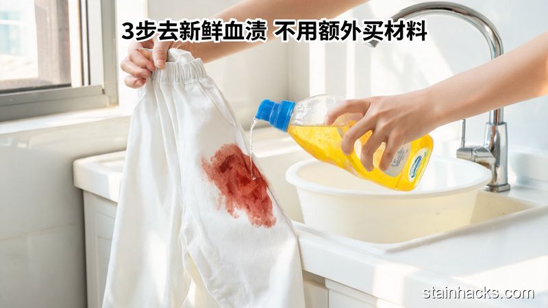 场景：居家洗衣台，人手拿着干燥的沾血白裤子，往血渍处挤家用普通洗洁精；风格：清新明亮生活化；关键元素：标注文字&ldquo;3步去新鲜血渍 不用额外买材料&rdquo;，突出快手易操作