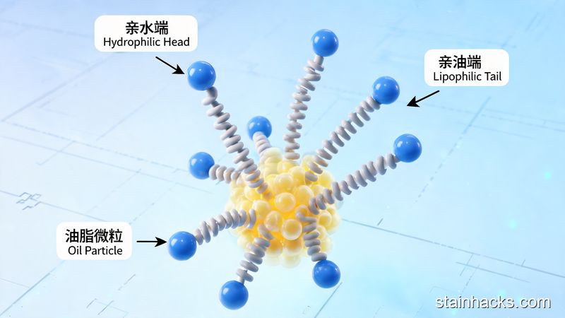 洗洁精分子亲油端吸附油脂亲水端朝向水的原理示意图