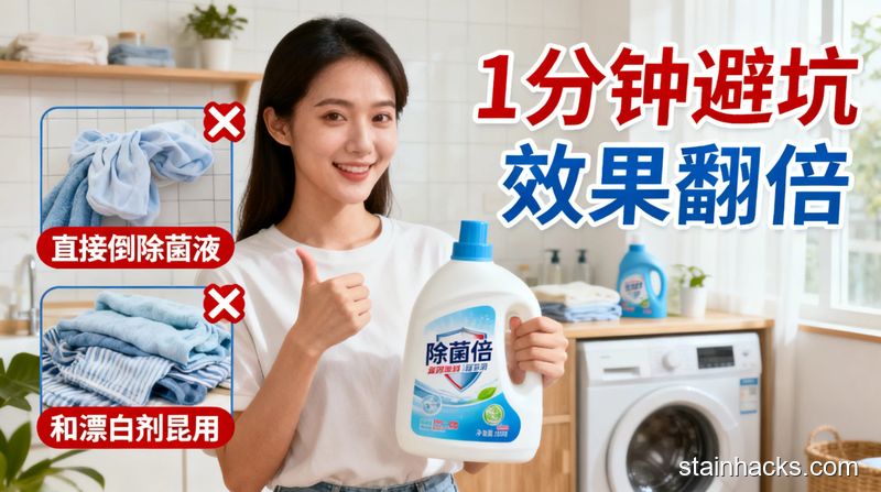场景是居家洗衣区，旁边有两个错误操作的叉号标注（直接倒除菌液在衣物上、和漂白剂混用），普通人拿着除菌液对着正确操作指引点头，风格清新明亮生活化，配&ldquo;1分钟避坑&rdquo;&ldquo;效果翻倍&rdquo;文字标注，突出简单好记