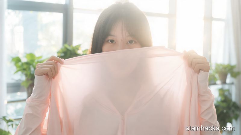 一位女士在明亮窗前举起防晒衣进行透光自测，光线透过布料呈现均匀柔和，无刺眼光点