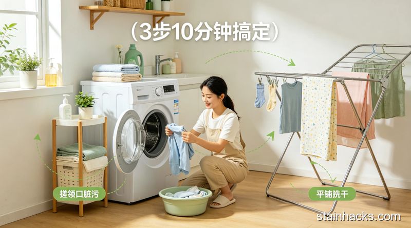 场景：家庭洗衣区，主体：3步清洁动作拆解图，分别是搓领口脏污、放衣服进洗衣机、平铺晾干，配文字「3步10分钟搞定」，风格：清新明亮生活化，关键元素：快速、易操作、家用常见物品