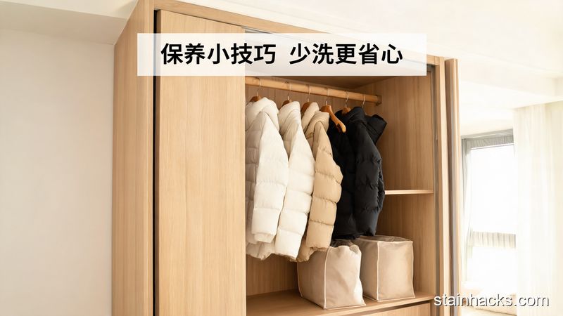 清新明亮卧室衣柜场景，羽绒服整齐挂在衣架上，旁边放普通收纳袋，加文字标注「保养小技巧少洗更省心」，突出低成本零负担