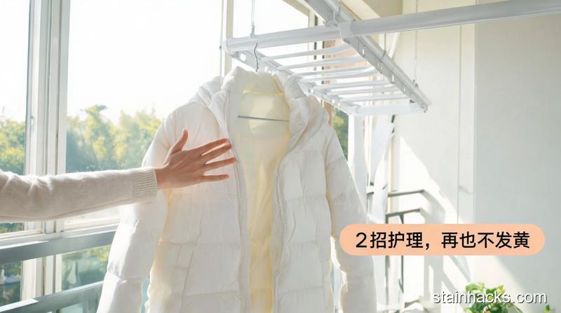 清新明亮生活化场景,白色羽绒服反面挂在阳台通风处的晾衣架上,一只手正轻轻拍打干透的羽绒服使其蓬松,角落有醒目标注文字「2招护理,再也不发黄」,突出低负担护理