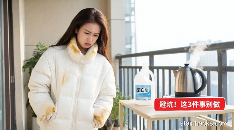 清新明亮生活化场景,女生对着袖口领口发黄的白色羽绒服皱眉,旁边摆放着漂白剂、冒着热气的开水壶等错误清洁用品,角落有醒目标注文字「避坑!这3件事别做」,整体风格简单接地气,突出低成本清洁