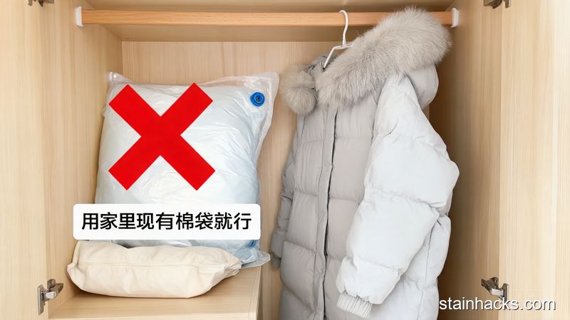 场景：卧室衣柜内部，主体动作：将羽绒服悬挂在衣架上、旁边放棉质收纳袋，风格：清新明亮生活化，关键元素：用红叉标注压缩收纳袋，旁边配「用家里现有棉袋就行」文字，低成本省麻烦