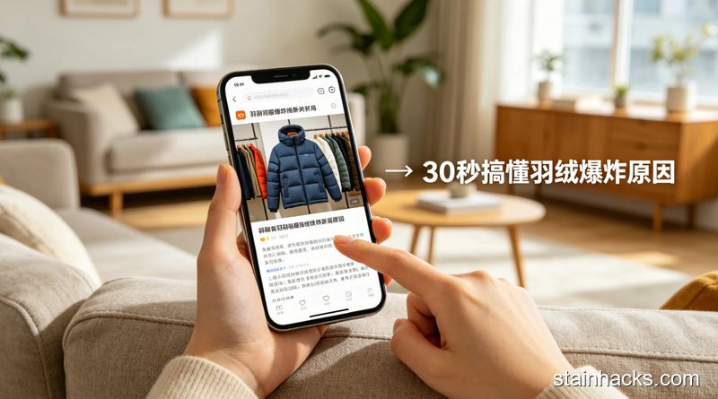场景：客厅沙发上用户拿着手机刷羽绒服爆炸相关新闻，主体：手指着手机界面，旁边配文字标注「30秒搞懂爆炸原因」，风格：清新明亮生活化，关键元素：简单易懂、无复杂操作