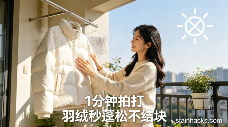 阳台阴凉通风处场景，女生用手轻轻拍打阴干的羽绒服，旁侧有画叉的太阳图案提示禁止暴晒，画面清新明亮生活化，标注文字\