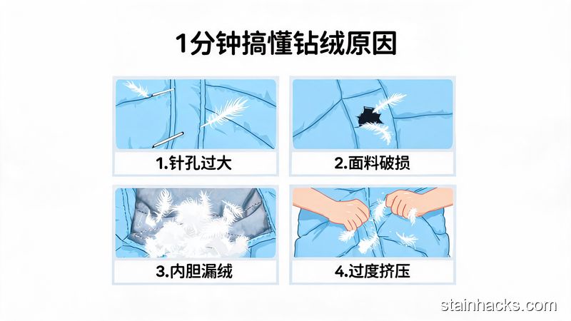 清新明亮生活化卡通图文场景，直观展示羽绒服4个钻绒原因，配文字&ldquo;1分钟搞懂钻绒原因&rdquo;，风格简单易懂、无复杂内容