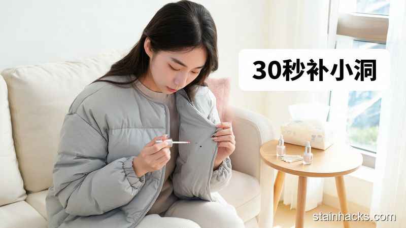 清新明亮居家沙发场景，女生用透明指甲油点涂羽绒服钻绒的小针眼，旁边标注文字&ldquo;30秒补小洞&rdquo;，关键元素：家用常备物品、低成本、易操作