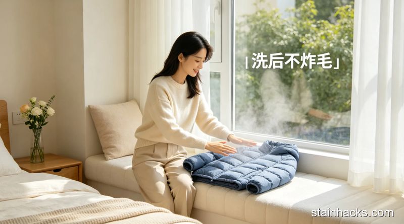 场景：卧室窗台边，主体：用户轻轻拍打晾干的羽绒服，旁边配文字「洗后不炸毛」，风格：清新明亮生活化，关键元素：简单、零花费、效果好