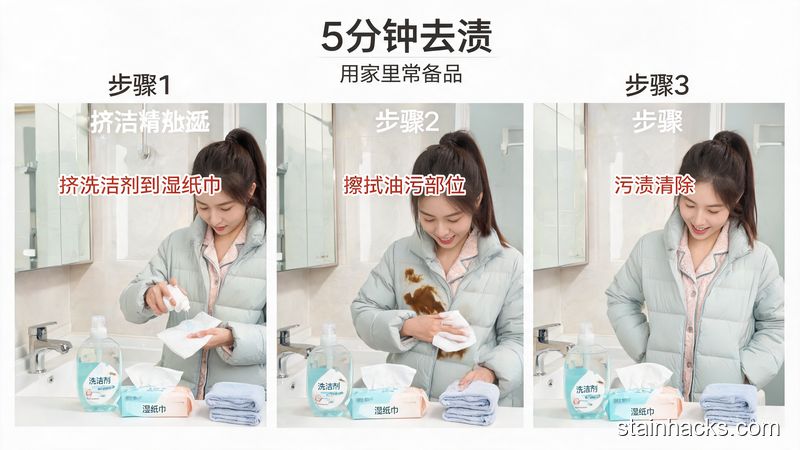 居家卫生间台面场景，女生用湿纸巾沾洗洁精擦拭羽绒服上的油污，分3个步骤动作展示，旁边摆放家里常用的洗洁精、湿毛巾，清新明亮生活化风格，画面标注「5分钟去渍」「用家里常备品」文字，突出无需额外花钱