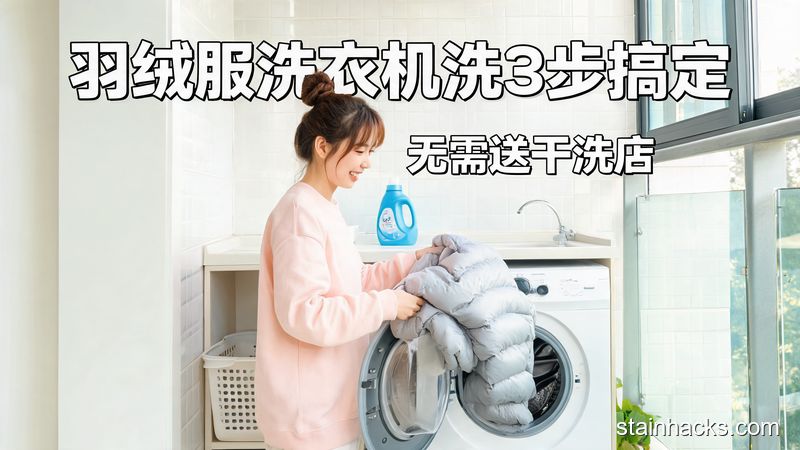 清新明亮生活化风格，家庭洗衣区场景，女生正将羽绒服放入全自动洗衣机，画面标注文字「羽绒服洗衣机洗3步搞定」「无需送干洗店」，突出简单、快速、零成本特点