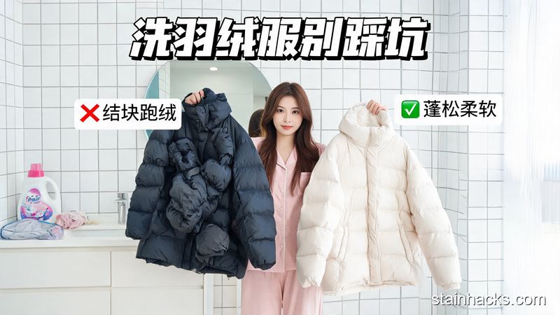 清新明亮生活化卫生间场景，女生手拿两件羽绒服对比，一件结块跑绒皱巴巴，一件蓬松柔软崭新，加文字标注「洗羽绒服别踩坑」，突出简单低成本