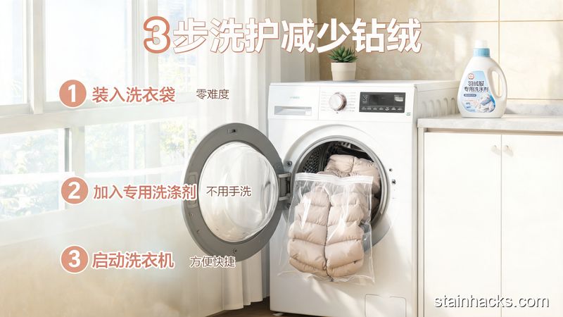 清新明亮家庭洗衣区场景，套着洗衣袋的羽绒服放进洗衣机，旁边摆放羽绒服专用洗涤剂，标注文字&ldquo;3步洗护减少钻绒&rdquo;，关键元素：零难度、不用手洗、方便快捷