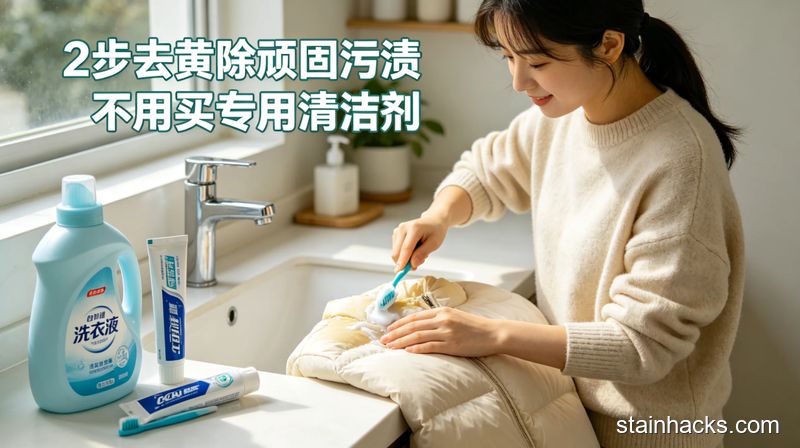 居家洗手台场景，女生用旧牙刷沾洗衣液+牙膏刷羽绒服发黄的领口，旁边摆着家用普通洗衣液、牙膏、旧牙刷，画面清新明亮生活化，标注文字\