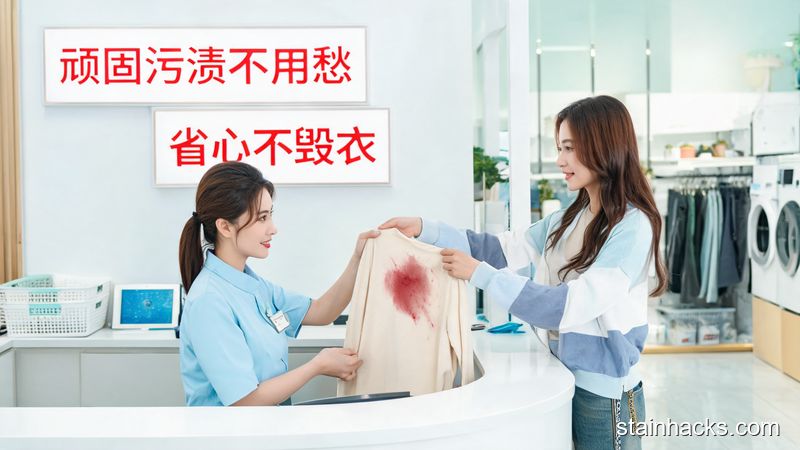 场景：干净整洁的社区干洗店前台，主体动作：顾客把沾有顽固彩妆污渍的衣服递给工作人员，风格：清新明亮、生活化，关键元素：标注「顽固污渍不用愁」「省心不毁衣」文字，突出低负担处理