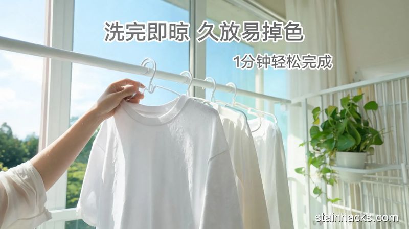 阳台晾衣区场景,人手把刚洗好的纯棉衣服挂上衣架晾晒,清新明亮生活化风格,画面标注“洗完即晾 久放易掉色”文字,突出1分钟轻松完成