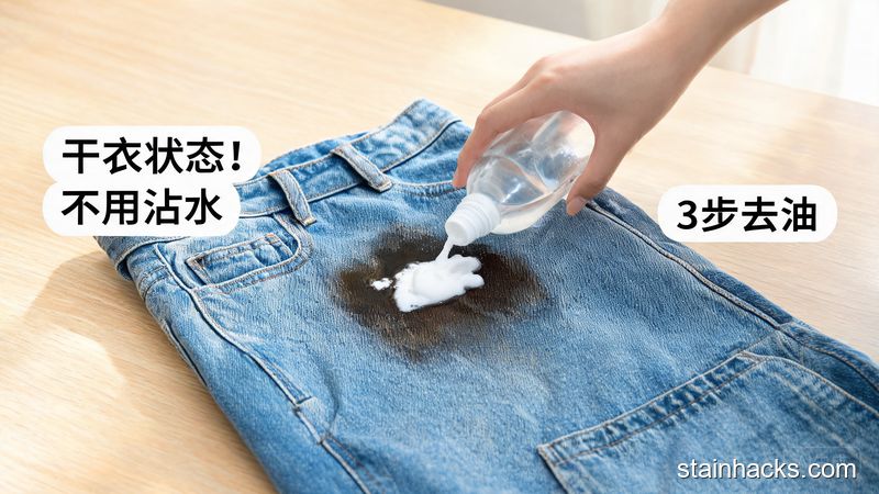 清新明亮桌面场景，干燥的牛仔裤平铺在桌面上，一只手正把洗衣液涂在油渍处，配文字标注「干衣状态！不用沾水」「3步去油」，生活化风格，操作动作清晰