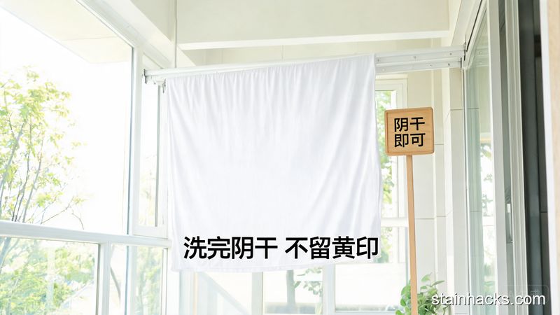 居家阳台晾衣区场景，挂着洗干净无任何痕迹的床单，旁边立着写有「阴干即可」的提示牌，风格清新明亮生活化，画面标注文字「洗完阴干 不留黄印」