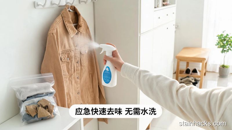 清新明亮生活化玄关场景，一只手拿着衣物除味剂对着外套喷洒，旁边放着装有衣服和干茶叶包的密封袋，配文字标注「应急快速去味 无需水洗」，突出高效省事