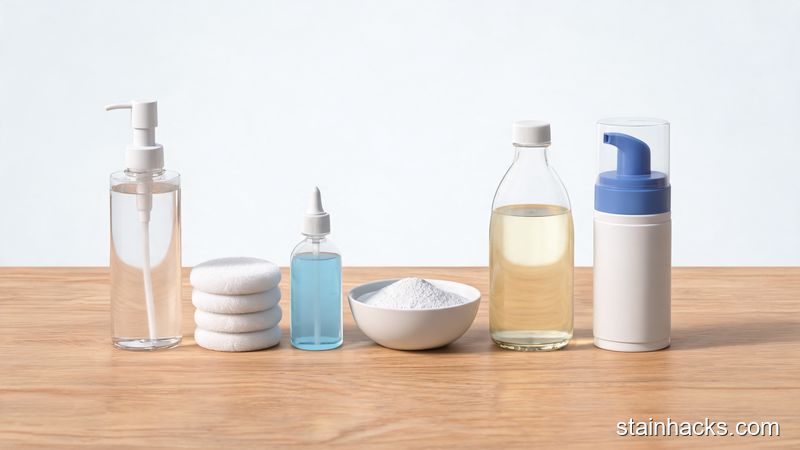 摆满卸妆水、洗洁精、小苏打、白醋和剃须膏的木质桌面应急去渍工具集合