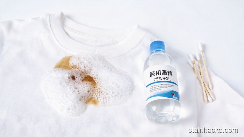 衣物上的中药渍被含酶洗涤剂泡沫覆盖，旁边有棉签和医用酒精瓶
