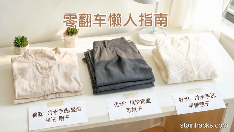 清新明亮居家场景,桌面上摆放棉麻上衣、化纤裤子、白色针织衫三类衣物,每类衣物旁贴有对应清洁方法的简易小标签,配文字标注“零翻车懒人指南”,突出易操作