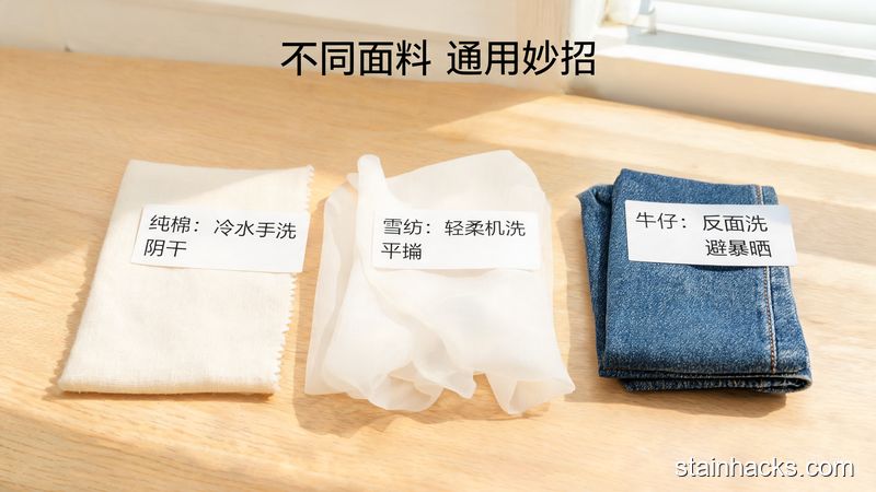 清新明亮生活化场景，摆放纯棉、雪纺、牛仔3种常见面料的小样，每个小样旁边贴着对应处理方法的简易小标签，配文字「不同面料 通用妙招」，简约明快