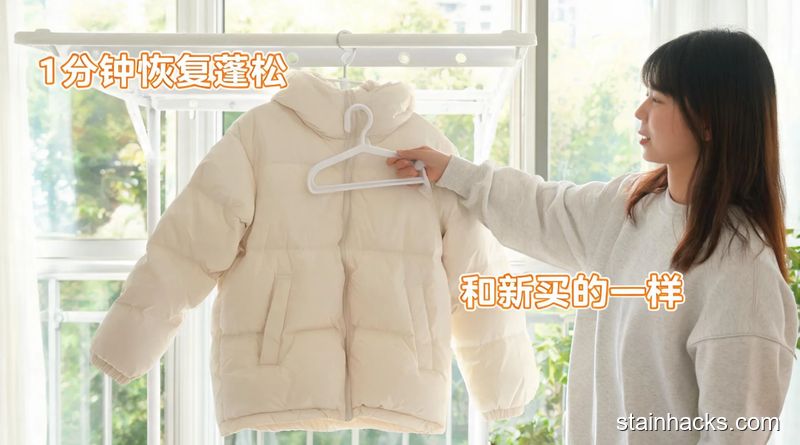 阳台晾晒区场景，普通人拿衣架轻拍晒干的羽绒服，羽绒服蓬松饱满，清新明亮生活化风格，配文字标注「1分钟恢复蓬松」「和新买的一样」