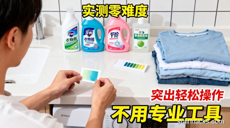 场景是家用洗衣台面上，摆放4款常见平价衣物除菌液、普通菌落测试试纸、几件干净T恤，普通人正在对比试纸显色结果，风格清新明亮生活化，配&ldquo;实测零难度&rdquo;&ldquo;不用专业工具&rdquo;文字标注，突出轻松好操作