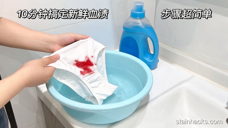 卫生间清新明亮生活化场景，洗手台摆放沾新鲜姨妈血的内裤、装冷水的小盆、家用普通洗衣液，人物动作是把内裤放进盆里，画面标注文字「10分钟搞定新鲜血渍」「步骤超简单」