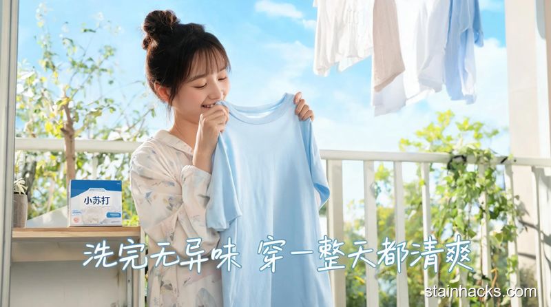 阳台晾晒场景，博主拿起洗干净的T恤凑近闻，脸上露出满意的笑容，旁边放着小苏打盒，配文字&ldquo;洗完无异味 穿一整天都清爽&rdquo;，清新明亮生活化风格，突出效果好、懒人友好的特点
